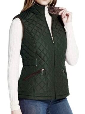 Weatherproof Quilted Olive Green Sleeveless Vest with Gold Zippers